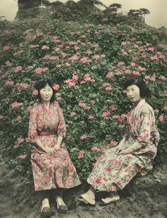 Prompt: color photography of two women in floral dress in taiwan by hisaji hara