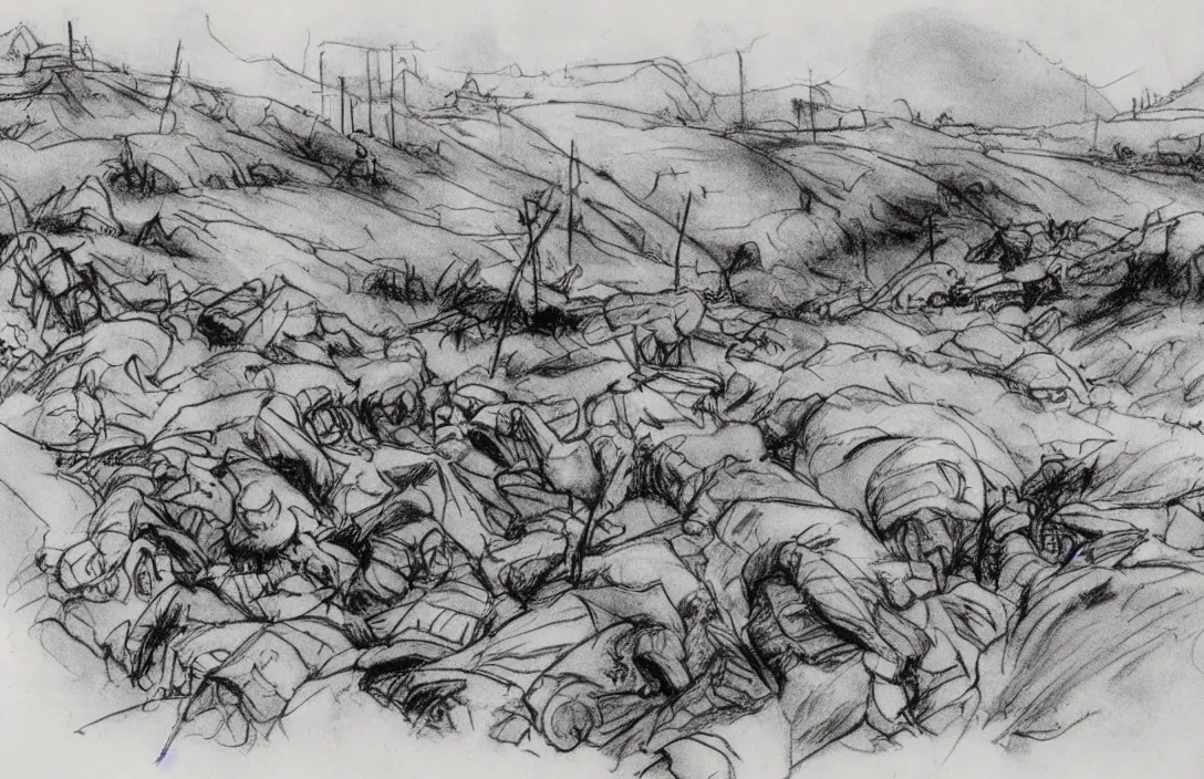 Image similar to milt kahl sketch of world war 1 trenches with the city of miami in the background