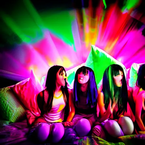 Image similar to teenage girls pillow fight detailed hdr focus stunning visuals neon tones