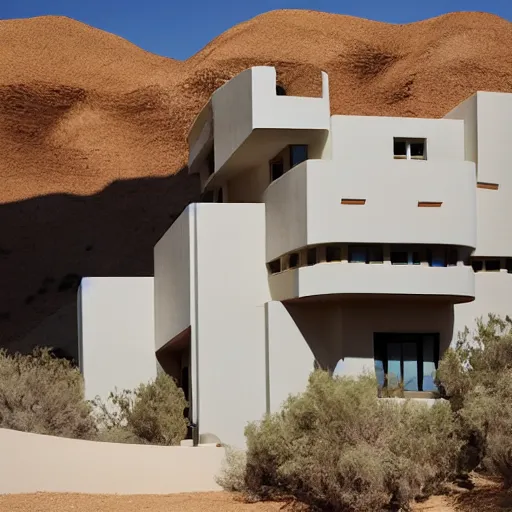 Prompt: a retro art deco 3 story house built on the side of a desert cliff by josh agle and nat reed