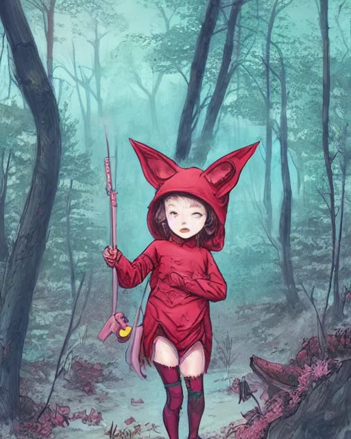 Image similar to a girl in a cute bat costume on a hike in the appalachian mountains, full shot, focused, ambient lighting, detailed, art by ayami kojima, makoto shinkai, kilian eng