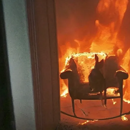 Prompt: a dog sitting in a chair inside a room that is on fire, this is fine