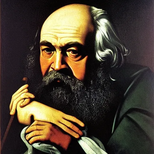 Prompt: karl marx has problems in a dark painting by Caravaggio