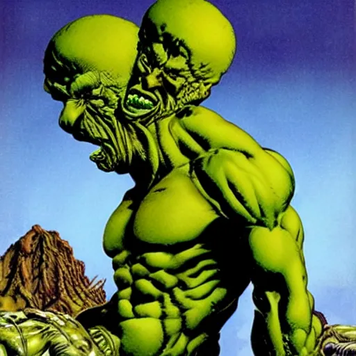 Image similar to muscular monster mutant against a solid white backdrop, [ art by richard corben ]