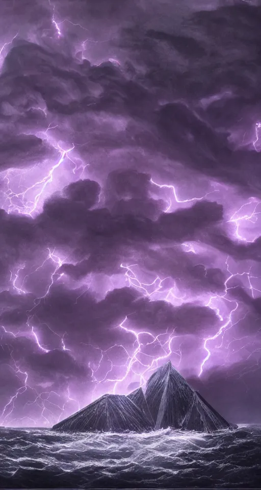 Image similar to black lovecraftian eldritch!! obsidian pyramid!! on a snowy island surrounded by raging stormy seas, purple light, with a large shadow of a creature in the background by eugene von guerard, ivan shishkin, night, red lightning!!, storm!, dramatic lighting, concept art, trending on artstation, 8 k