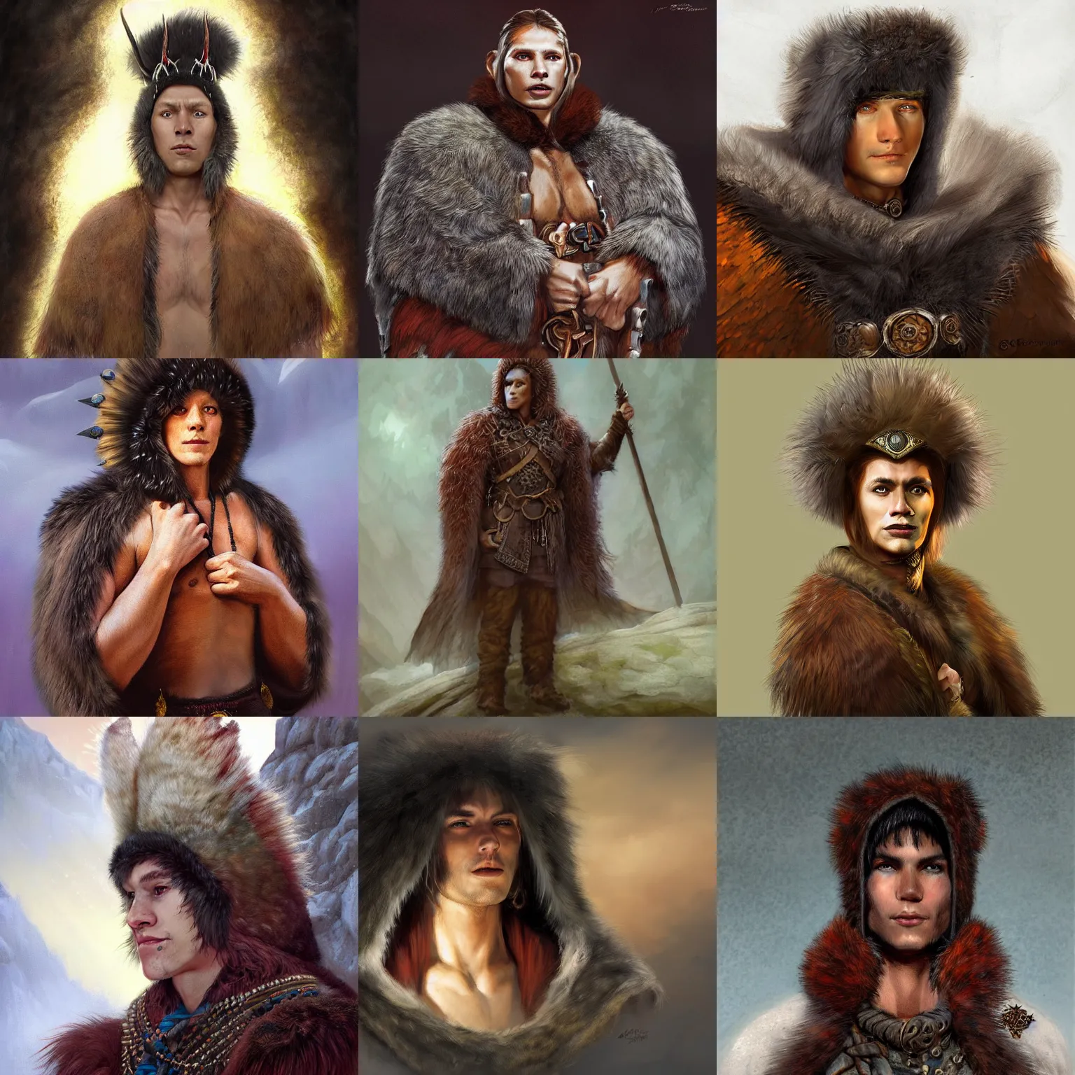 Prompt: Bjørn, a young male shaman wearing a bearskin cloak, portrait, D&D, fantasy, highly detailed, digital painting, artstation, concept art, sharp focus, illustration, art by boris vallejo and greg rutkowski and frank frazetta. Colorized.