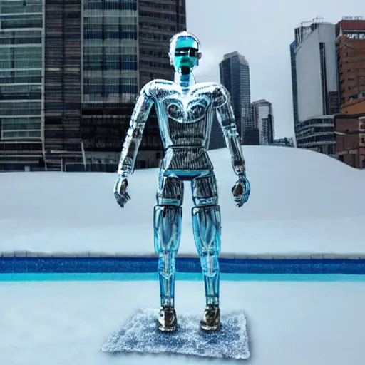 Image similar to made of ice, a realistic detailed photo of a guy who is an attractive humanoid who is half robot and half humanoid, who is a male android, on display, blank stare, showing off his muscles, shiny skin, posing like a statue, by the pool, frozen ice statue, twitch streamer / gamer ludwig, humanoid robot