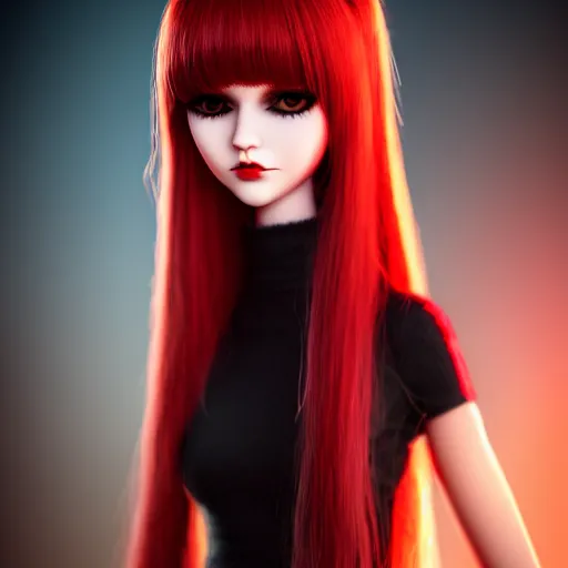 Image similar to the doll girl with bangs hair, black hair long till nose, ultra detailed face, red clothe, by character art, masterpiece, dark art, retro, concept art, soft lighting, sharp focus, 8 k hd resolution, high quality image