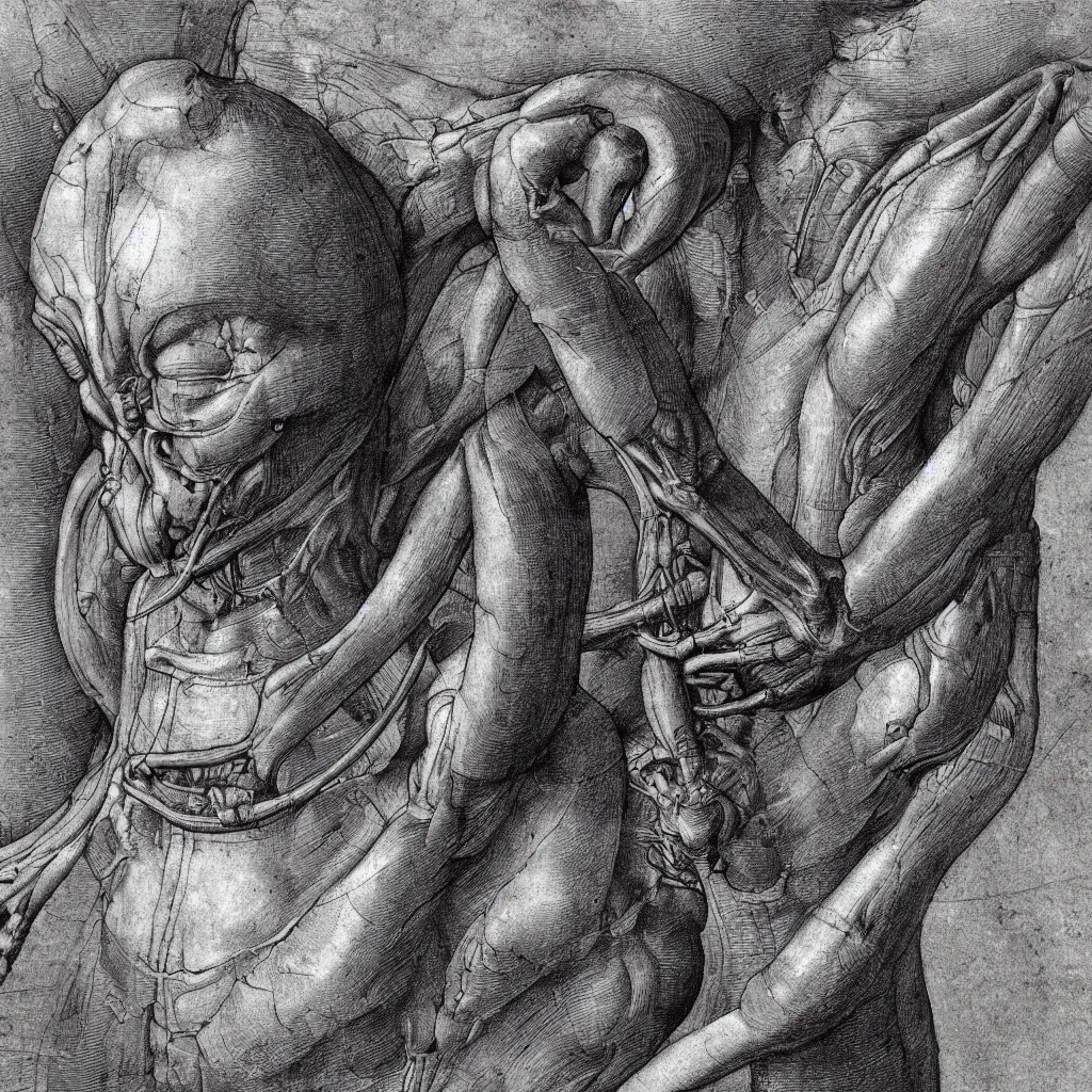 Prompt: detailed anatomical drawing of an alien by leonardo da vinci, 8 k