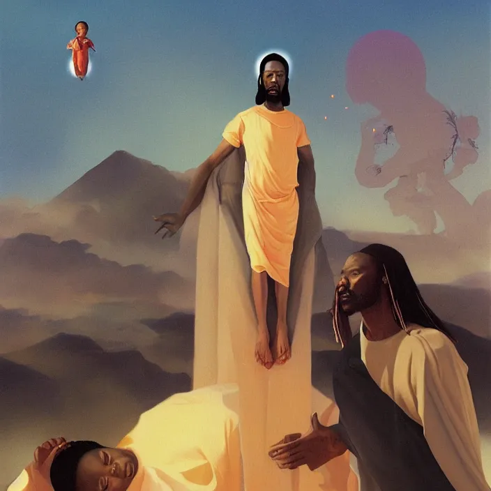 Image similar to a UFOs hovering over an African Jesus ,painting by Hsiao-Ron Cheng,