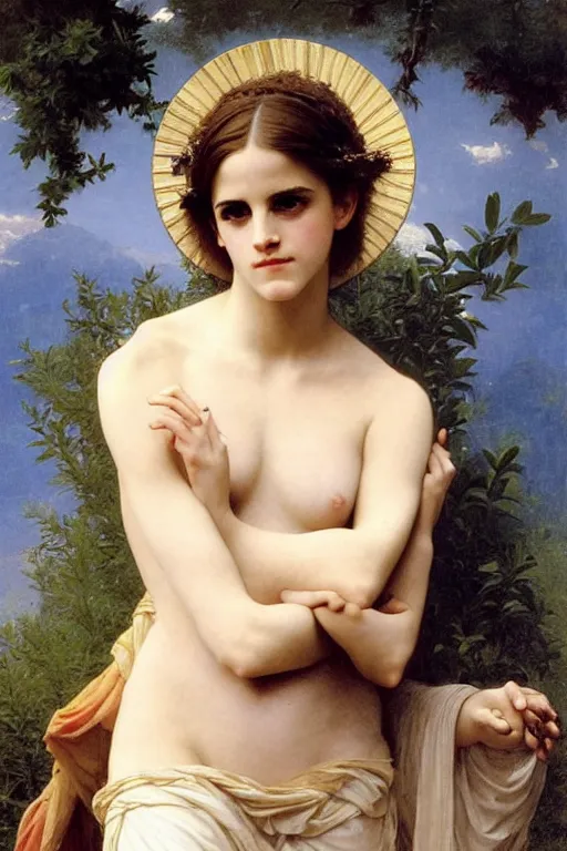 Image similar to emma watson as a greek goddess, painting by william adolphe bouguereau