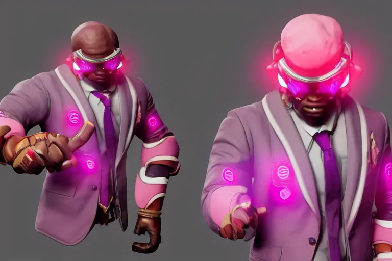 Image similar to doomfist, pink blazer, overwatch game, digital art, high detailed, unreal engine, artstation, 3 d render