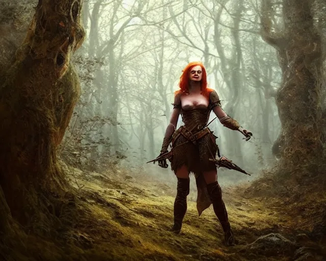 Image similar to 5 5 mm portrait photo of an armored gorgeous aesthetic redhead woman warrior, in a magical forest. fantasy atmosphere. art by greg rutkowski. highly detailed 8 k. intricate. lifelike. soft light. nikon d 8 5 0.