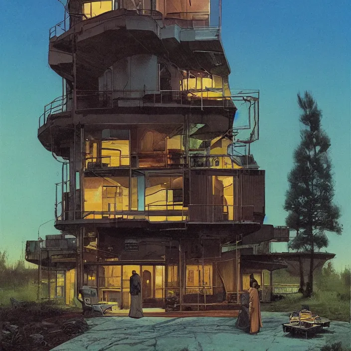 Image similar to a building in a serene landscape, pulp science fiction