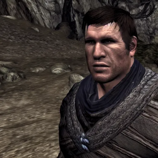 Prompt: character screenshot of chael sonnen, npc, skyrim, wilderness, 1 0 8 0 p, bokeh, elder scrolls v, detailed, dialog