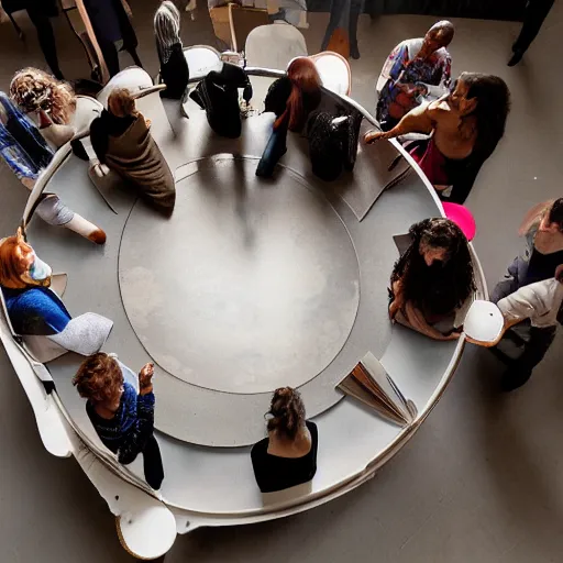 Image similar to A beautiful art installation of a group of people standing around a circular table. In the center of the table is a large, open book. The people in the art installation are looking at the book with interest and appear to be discussing its contents. Tumblr by Gareth Pugh, by Jan Pietersz Saenredam stormy