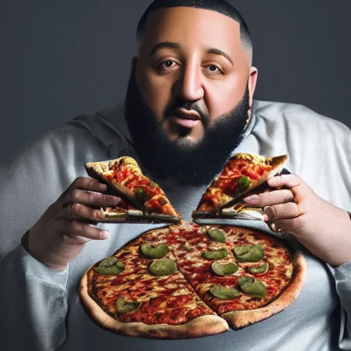 Image similar to a highly detailed realistic photographic render dj khaled with Cosmo Kramer hairstyle with holding slices of pizza, religious sculpture, cinematic lighting, cinematic scene, Volumetric lighting, Atmospheric scene, Dark, Horror, Atmospheric lighting, Global illumination, realistic, photo realism, hyper realistic, hyper realism, photo realisitc, cinematic render, film, beautifully lit, ray traced, octane 3D render, octane render, unreal engine