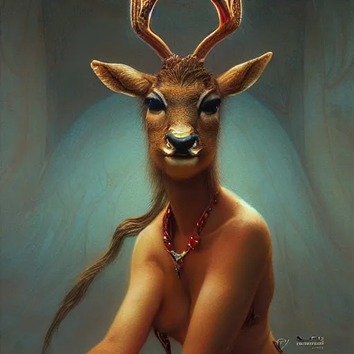 Prompt: cute female bellydancer deer, anthropomorphic, stuning 3 d render, masterpiece, glowing holy aura, by donato giancola and greg rutkowski and wayne barlow and zdzisław beksinski, realistic face