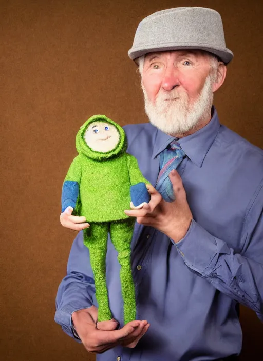 Image similar to portrait photo still of real life mr garrison with mr hat puppet, 8 k, 8 5 mm, f. 1 4