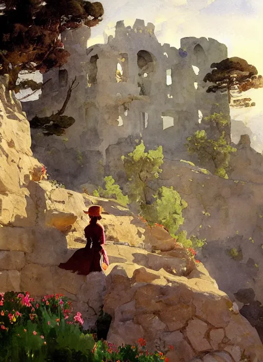 Prompt: california style watercolor painting of castle ruins on hilltop, stone walls, very beautiful ambient lighting, sun rays, dust, art by john singer sargent, by anders zorn and winslow homer, wonderful masterpiece by greg rutkowski, cinematic light, american romanticism by greg manchess, creation by tyler edlin