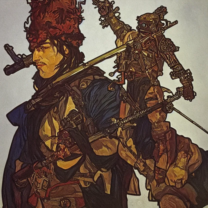 Image similar to D&D token round a half orc paladin with a cyberpunk musket and a fiery border, Alphonse Mucha, Hyperrealism