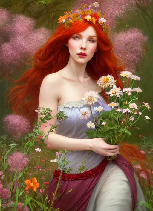 Image similar to a beautiful red haired woman as a fairy princess in a garden holding a bouquet of wild flowers, deep focus, d & d, fantasy, intricate, elegant, highly detailed, digital painting, artstation, concept art, matte, sharp focus, illustration, hearthstone, art by artgerm and greg rutkowski and alphonse mucha