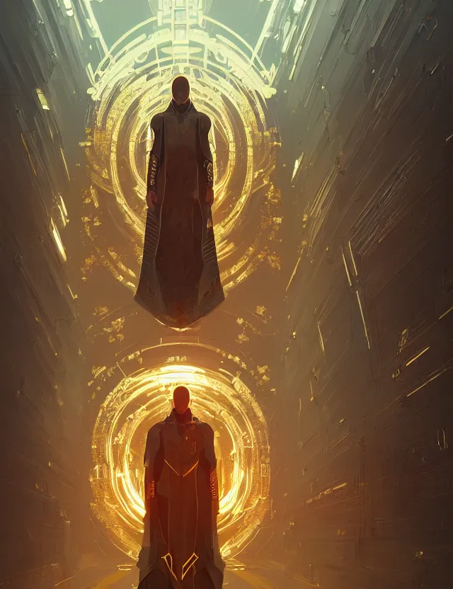 Image similar to futuristic priest, reflective chrome armor, super intricate gold ornaments artwork by tooth wu and wlop and alena aenami and greg rutkowski