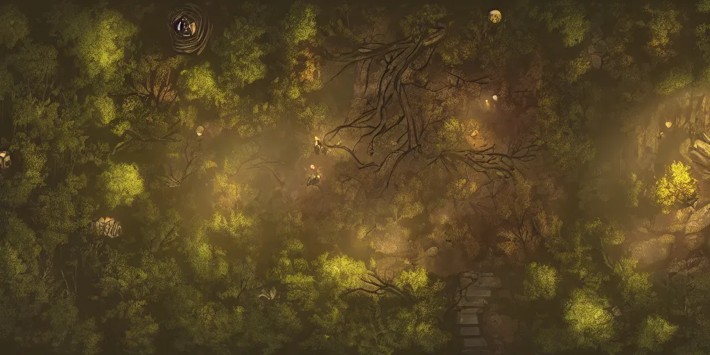 Image similar to tabletop roleplay game of a moonlit clearing in the woods, gridless, top - down perspective, beautiful, 8 k, high quality digital art