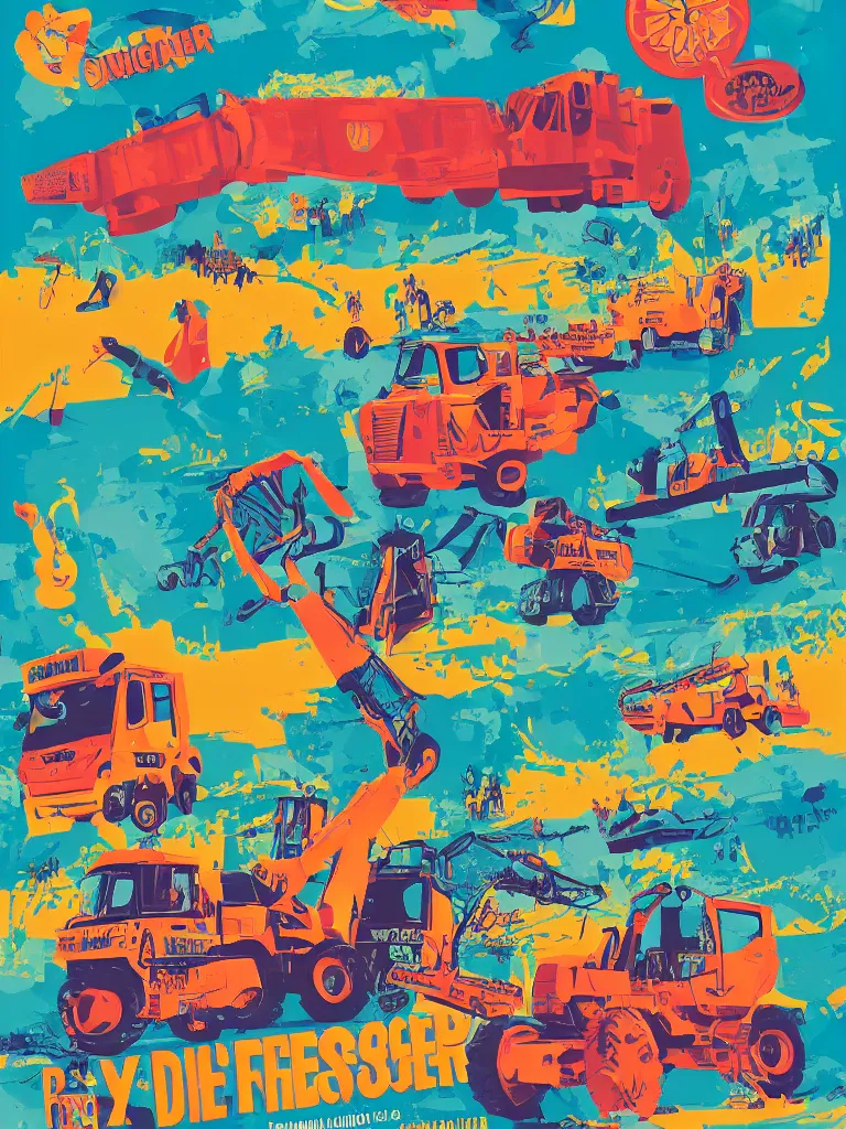 Image similar to poster for a summer festival called diggerfest in the united kingdom, digger land, really good vibes, colorful, construction, friends, center of focus, rule of thirds, trendy, gen z