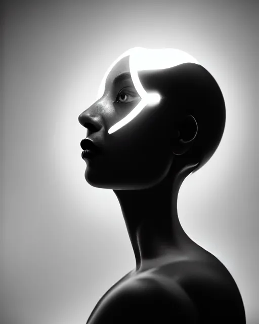 Image similar to black and white high quality photo of a beautiful female AI vegetal-cyborg looking into a sci-fi mirror, volumetric lighting, liminal space, brutalism, foggy, dreamy, hyperdetailed, bokeh, photorealistic, cinematic, masterpiece, elegant, dark, by Man Ray in the style of Horst P. Horst, octane render, 8K,