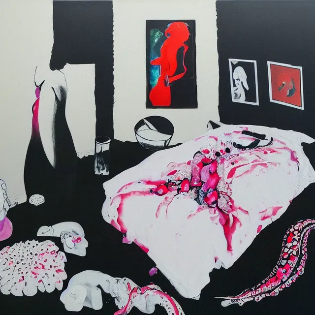 Image similar to bedroom room with black walls and a futon, sensual portrait of a woman sleeping, cracked handmade pottery vase, white flowers on the floor, puddle of water, octopus, squashed berries, neo - expressionism, surrealism, acrylic and spray paint and oilstick on canvas