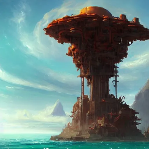 Prompt: a rust - colored terraforming tower jutting out of a vast ocean, sci fi concept art by tyler edlin, antoine blanchard, thomas cole