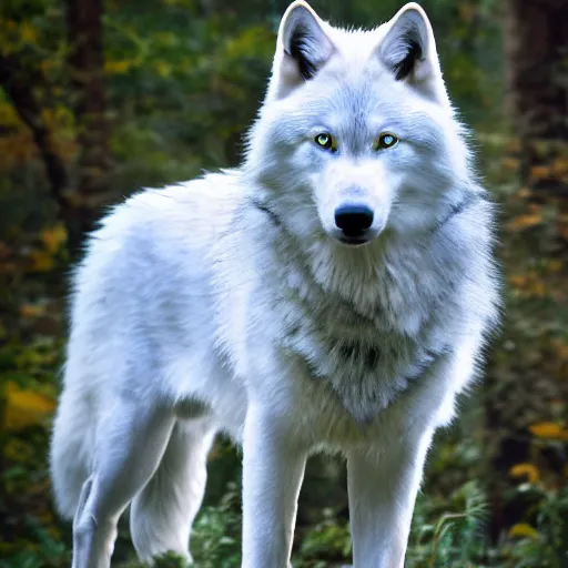 Image similar to white wolf with blue eyes, in the autumn forest, realistic, 8 к, fullbody photo