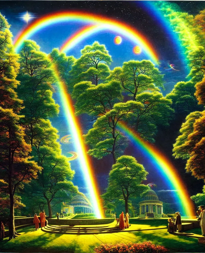 Prompt: a beautiful future for humanity, spiritual evolution, science, divinity, utopian, heaven on earth, gardens, gazebos of light, rainbows, by david a. hardy, wpa, public works mural, socialist