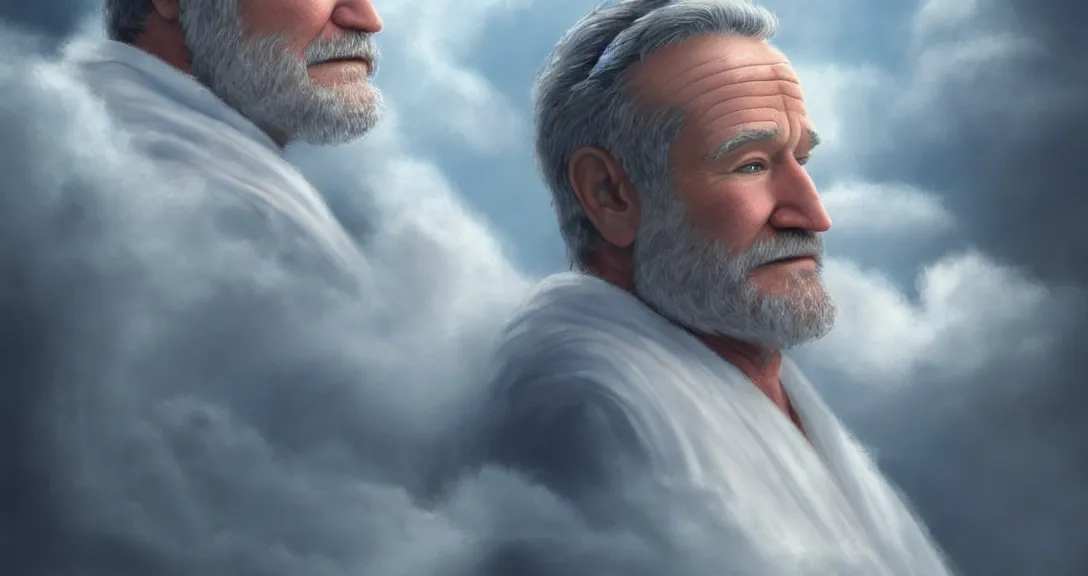 Image similar to robin williams is god, white beard, clouds, heaven, blue eyes, white robe, single subject, intricate, detailed, volumetric lighting, scenery, digital painting, highly detailed, artstation, sharp focus