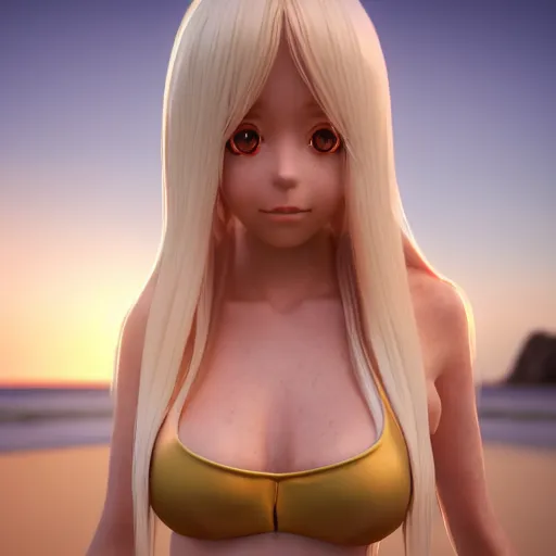 Prompt: Render of a very beautiful 3d anime girl, long white hair, hazel eyes, cute freckles, full round face, short smile, bikini top, golden hour, serene beach setting, medium shot, mid-shot, highly detailed, trending on Artstation, Unreal Engine 4k