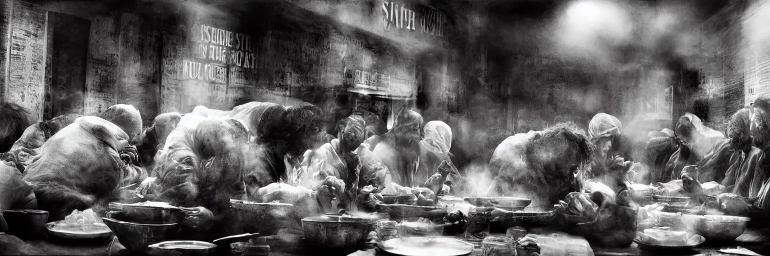 Image similar to Award Winning Editorial wide-angle picture of a Tramps in a new York Soup Kitchen by David Bailey and Lee Jeffries, called 'The Last Supper', 85mm ND 5, perfect lighting, gelatin silver process