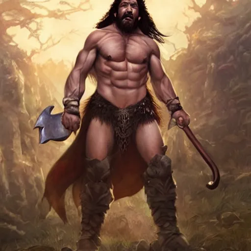 Image similar to a hyper realistic keyframe of a cartoon character brought to the real world, a combination of a beefy conan the barbarian and a warlock with a kind heart, the setting is a normal suburban backyard by Huang Guangjian and Gil Elvgren and Sachin Teng 8k,