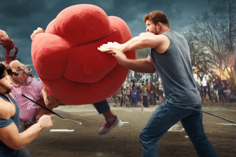 Image similar to a photo of an injured man fighting a giant kirby, photorealistic, bloody, 8 k