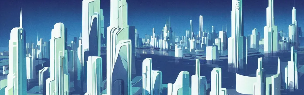 Image similar to sci - fi city with floating faceted angular buildings, modernism, gouache, animated film, stylised, illustration, by eyvind earle, scott wills, genndy tartakovski, syd mead