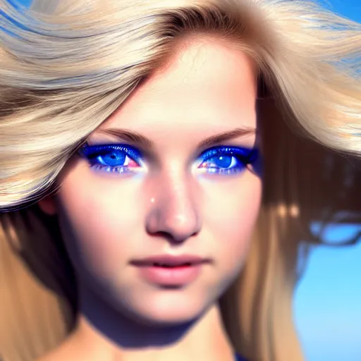 Image similar to ultra realistic and ultra detailed picture of a beautiful girl with blond hair and blue eyes falling through the sky, 4 k