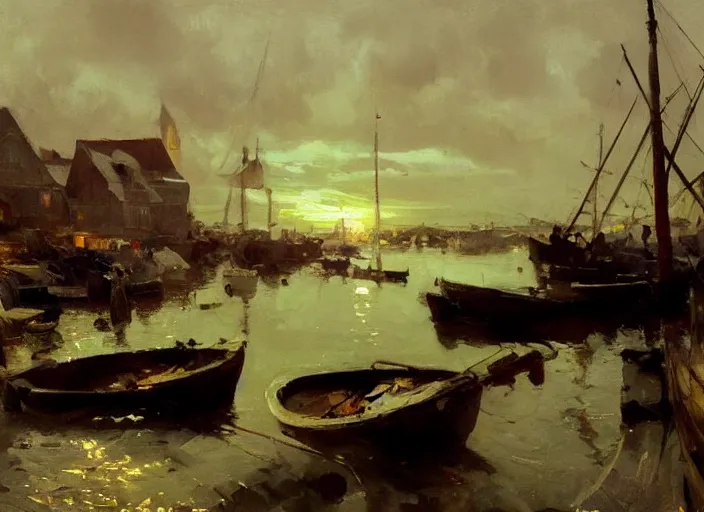 Image similar to oil painting of fishing village in dawn by anders zorn, wonderful art by greg rutkowski, incredible lighting, shadows, beautiful cinematic light, american romanticism by greg manchess, very bright and optimistic, warm and cold contrast, heat and freezing