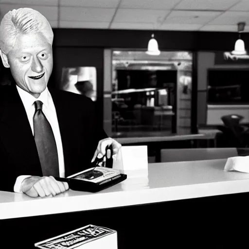 Image similar to b & w shot of taco bell with bill clinton as cashier ( 1 9 9 4 ) ( eos 5 ds r, iso 1 0 0, f / 8, 1 / 1 2 5, 8 4 mm, postprocessed, crisp face, facial features )