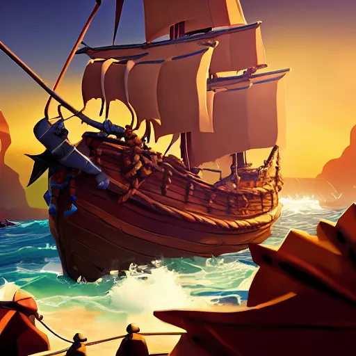 Image similar to sea of thieves scene with a hedgehog on a pirate ship, digital art, epic lighting, game screenshot