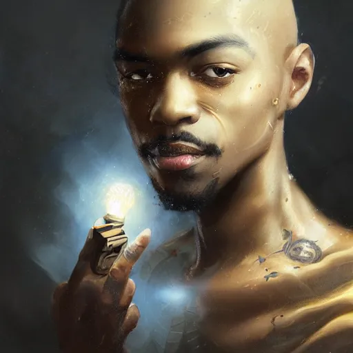 Prompt: a light skinned black man, short hair, photographer, using a macbook, happy, creative, fantasy digital painting, stunning intricate details, artwork by ross tran and greg rutkowski