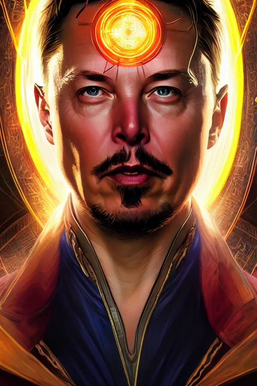 Image similar to elon musk as dr strange, realistic portrait, symmetrical, highly detailed, digital painting, artstation, concept art, smooth, sharp focus, illustration, cinematic lighting, art by artgerm and greg rutkowski and alphonse mucha