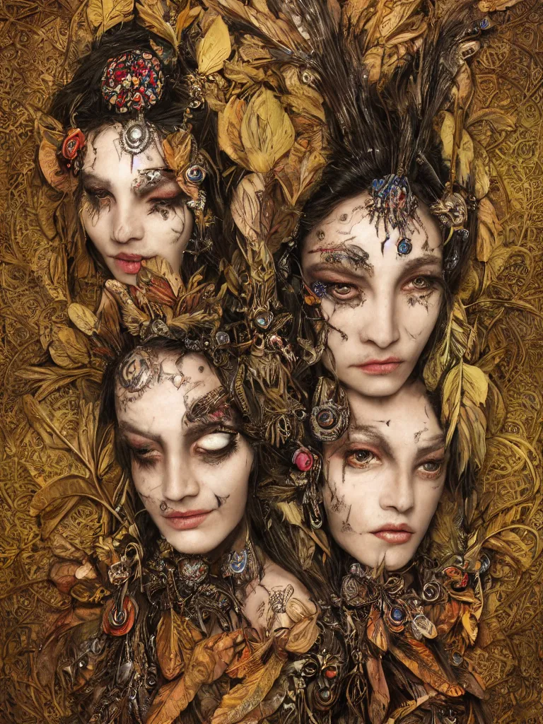 Prompt: a centered portrait of a dark tribal fairy with face tatoos wearing ornate and intricate jewellery made from sticks and feathers and leaves and jewels | Photorealistic, Detailed, Realism, Fantasy, Voluemetric Lighting, Global Illumination, Subsurface Scattering, Photographic Color Scheme blur, by Karol Bak:10, by brian froud:5, by beeple:3, HD | trending on artstation