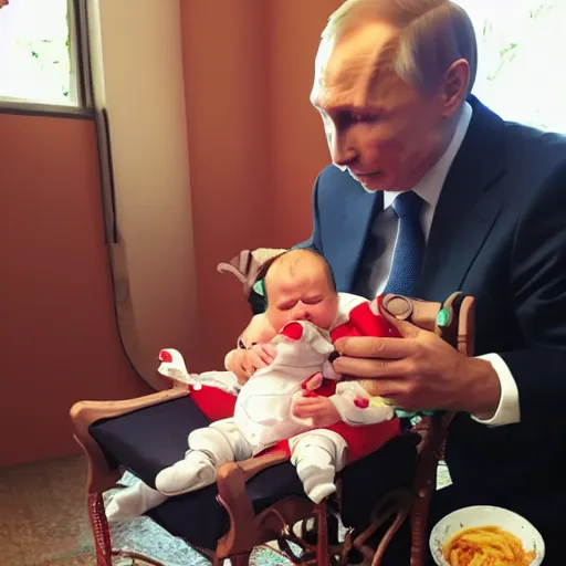 Prompt: Mobile photo of Putin as a fussy crying baby in baby chair tangled up in spaghettis and red sauce