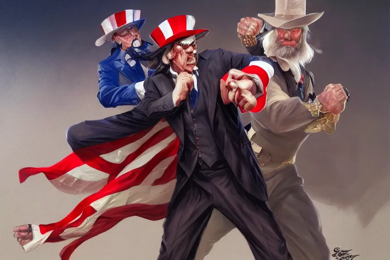 Image similar to painting of uncle sam punching steven seagal, d & d, fantasy, intricate, elegant, highly detailed, digital painting, artstation, concept art, smooth, sharp focus, illustration, art by artgerm and greg rutkowski and alphonse mucha