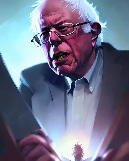 Image similar to bernie sanders as a league of legends champion, medium shot close up, details, sharp focus, illustration, by jordan grimmer and greg rutkowski, trending artstation, digital art